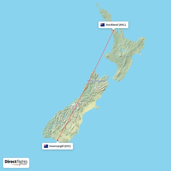 Auckland - Invercargill direct flight map