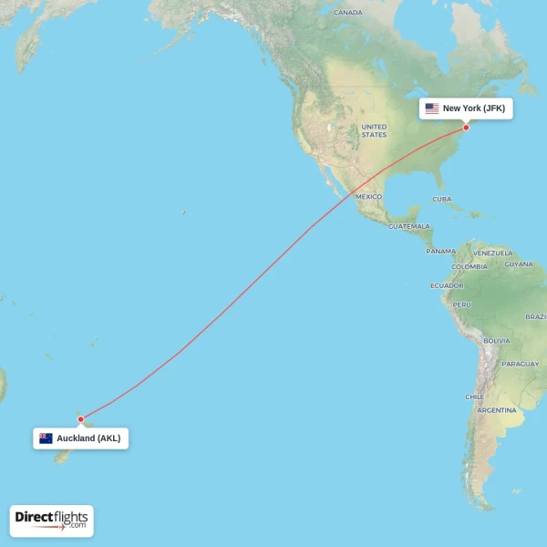 Auckland - New York direct flight map