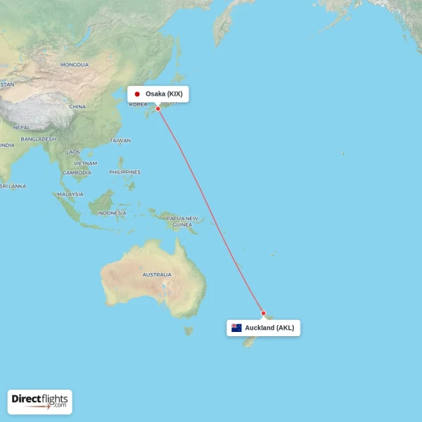 Auckland - Osaka direct flight map
