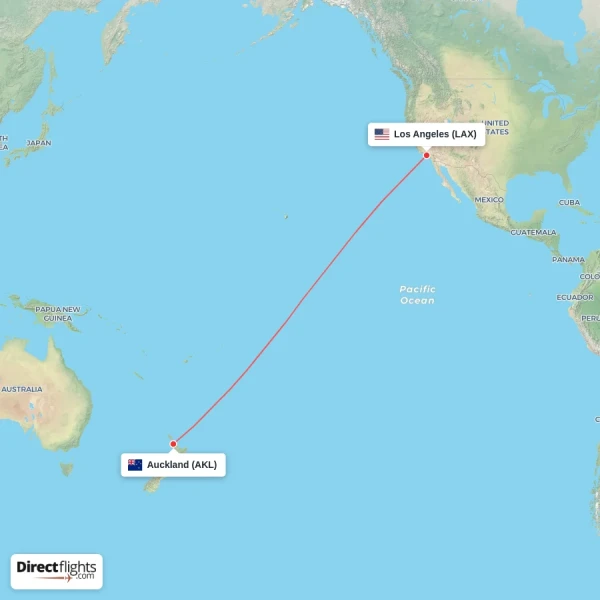 Auckland - Los Angeles direct flight map