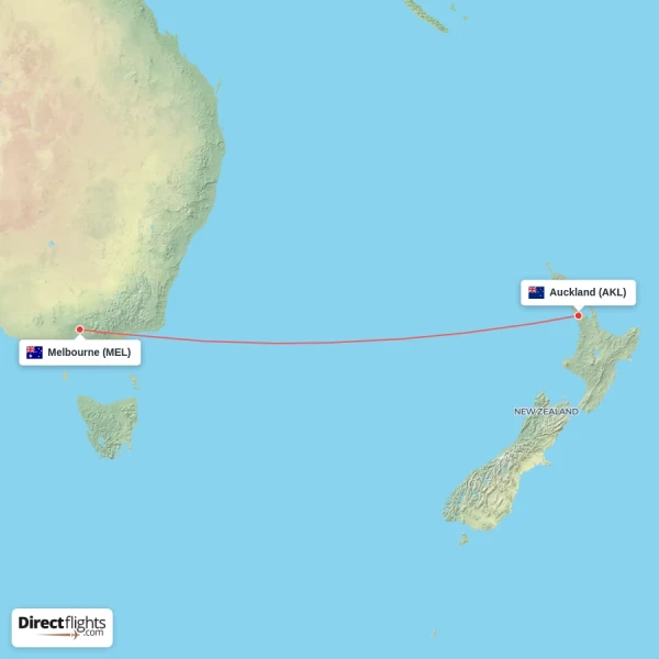 Auckland - Melbourne direct flight map