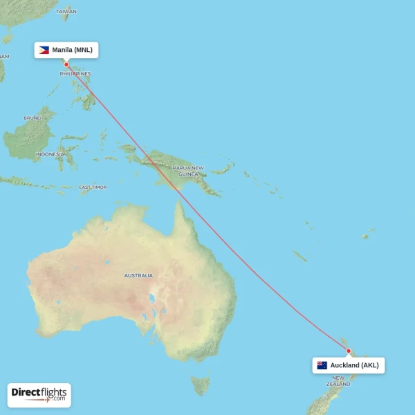 Auckland - Manila direct flight map