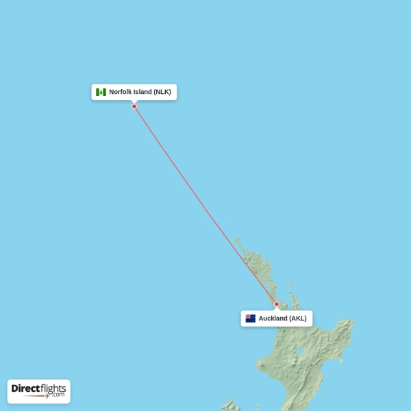Auckland - Norfolk Island direct flight map