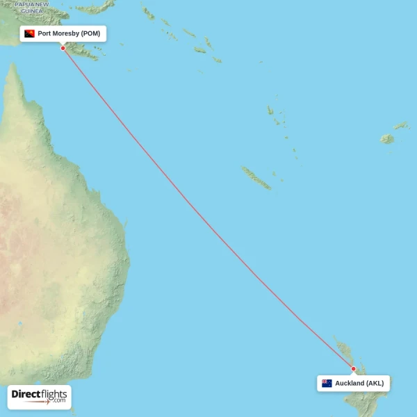 Auckland - Port Moresby direct flight map