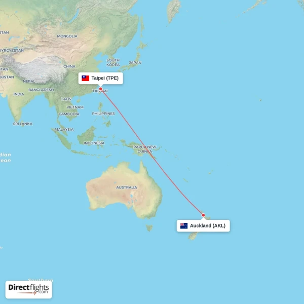 Auckland - Taipei direct flight map