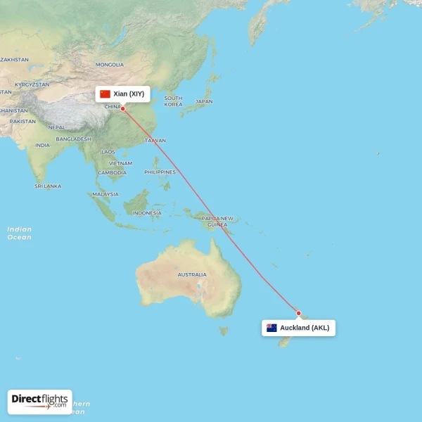 Auckland - Xian direct flight map