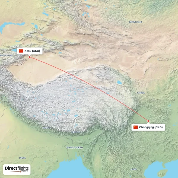 Aksu - Chongqing direct flight map