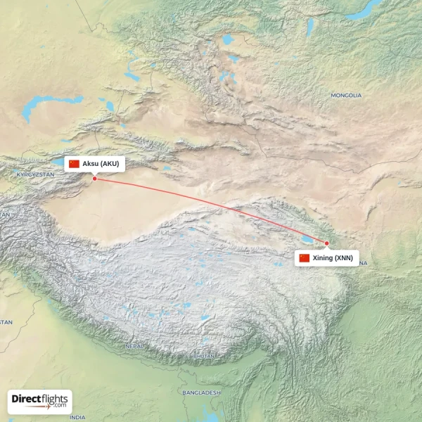 Aksu - Xining direct flight map