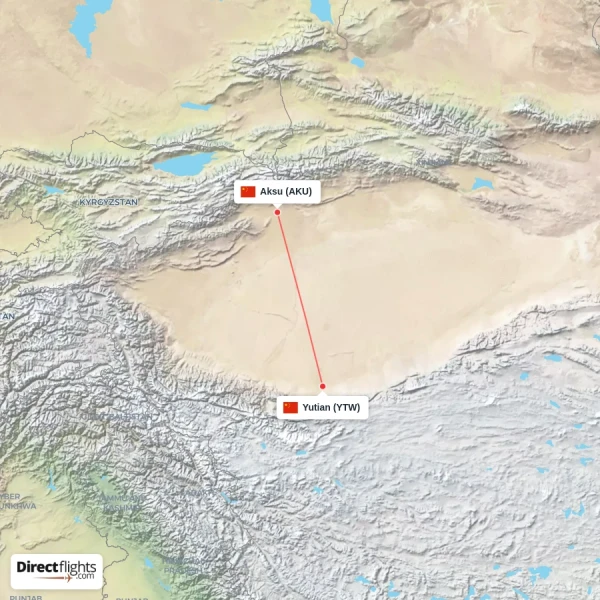Aksu - Yutian direct flight map