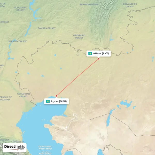 Aktobe - Atyrau direct flight map