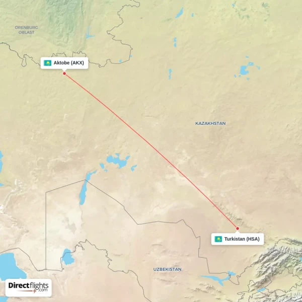 Aktobe - Turkistan direct flight map