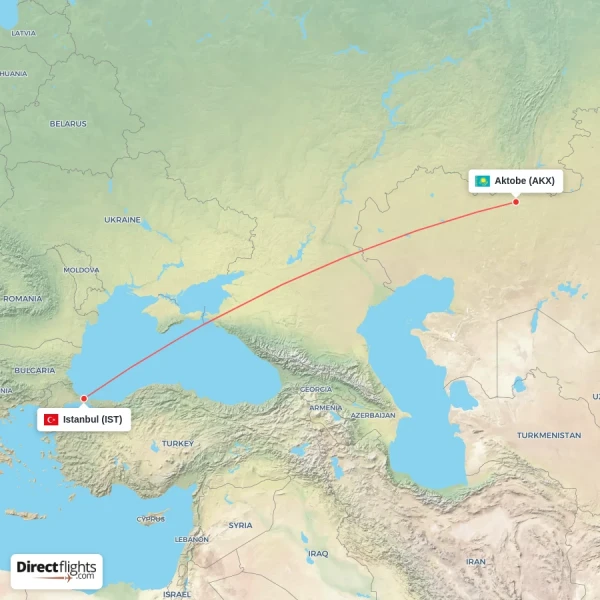 Aktobe - Istanbul direct flight map