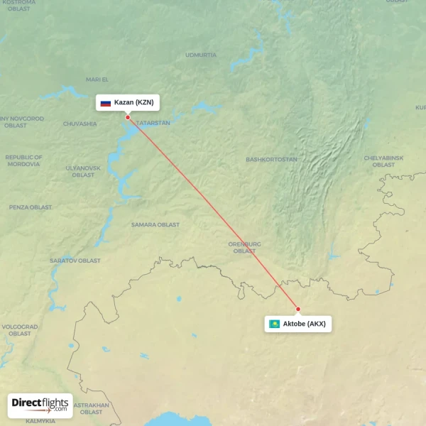 Aktobe - Kazan direct flight map