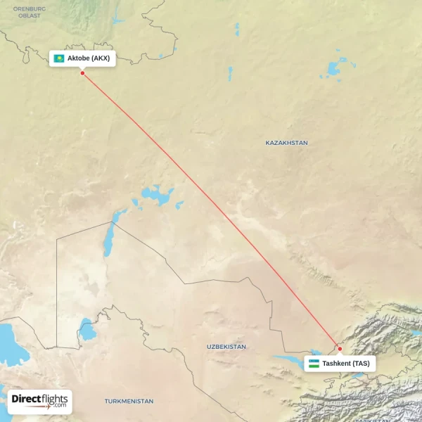Aktobe - Tashkent direct flight map