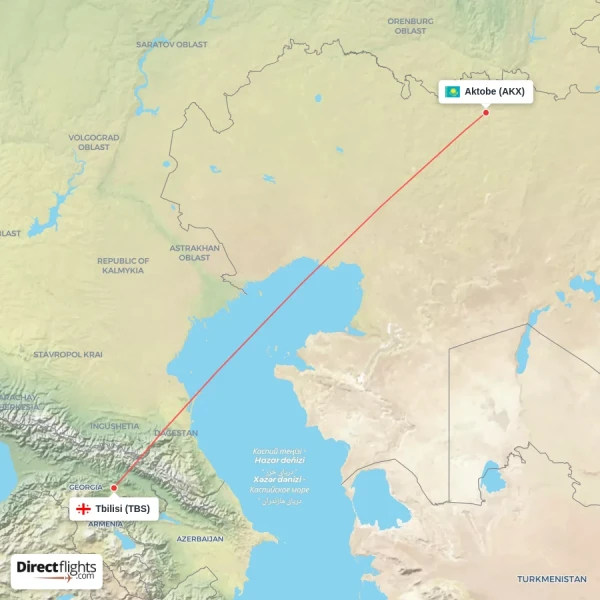 Aktobe - Tbilisi direct flight map