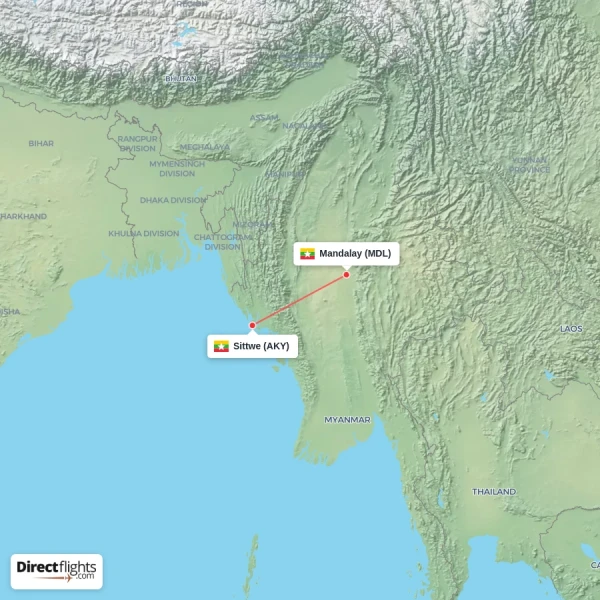 Sittwe - Mandalay direct flight map