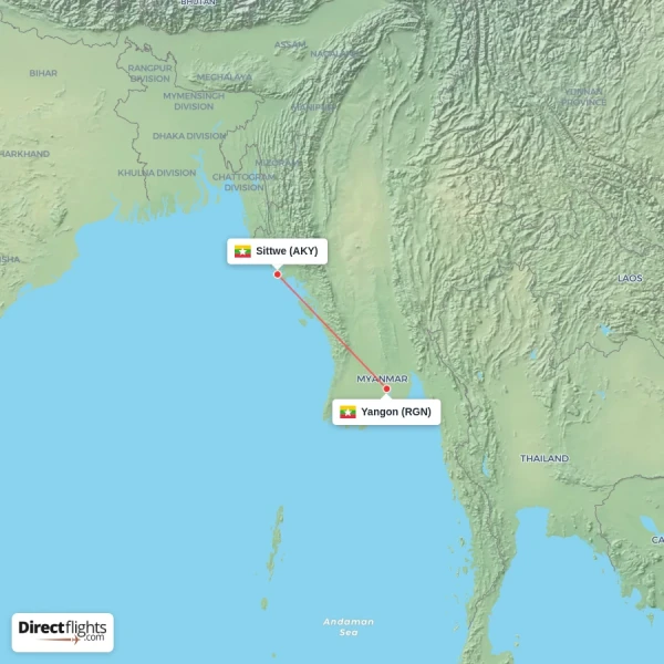 Sittwe - Yangon direct flight map