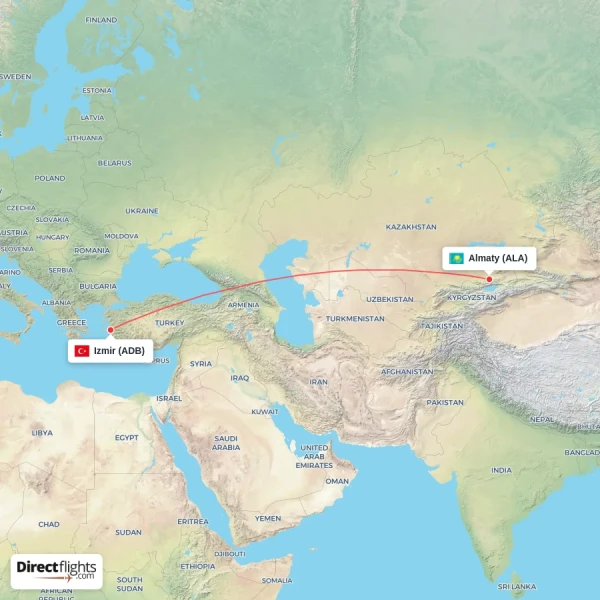 Almaty - Izmir direct flight map