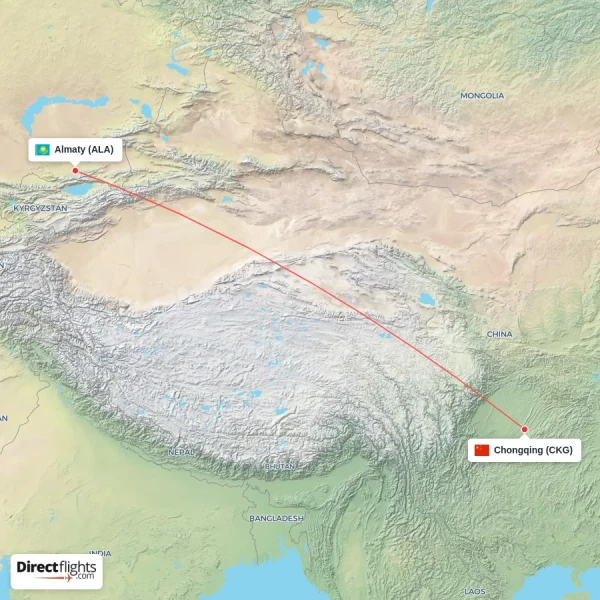 Almaty - Chongqing direct flight map