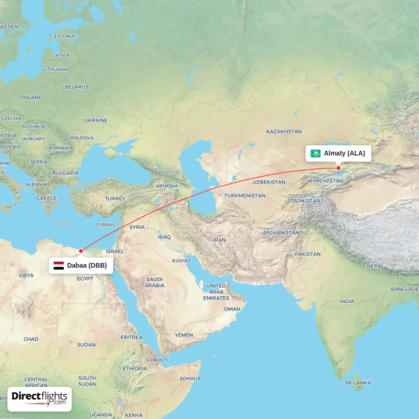 Almaty - Dabaa direct flight map