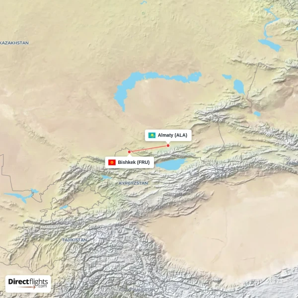 Almaty - Bishkek direct flight map