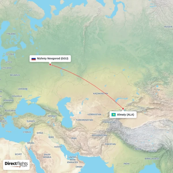 Almaty - Nizhniy Novgorod direct flight map
