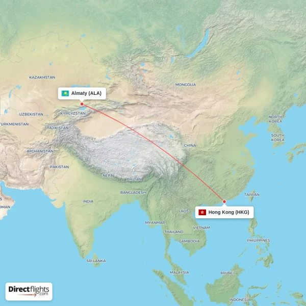 Almaty - Hong Kong direct flight map