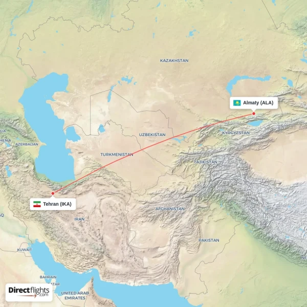 Almaty - Tehran direct flight map