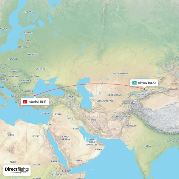 Almaty - Istanbul direct flight map