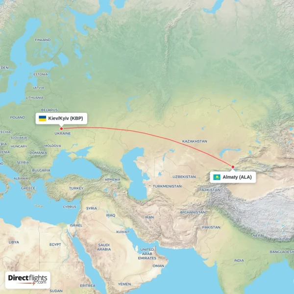 Almaty - Kiev/Kyiv direct flight map