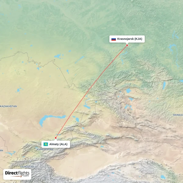 Almaty - Krasnojarsk direct flight map
