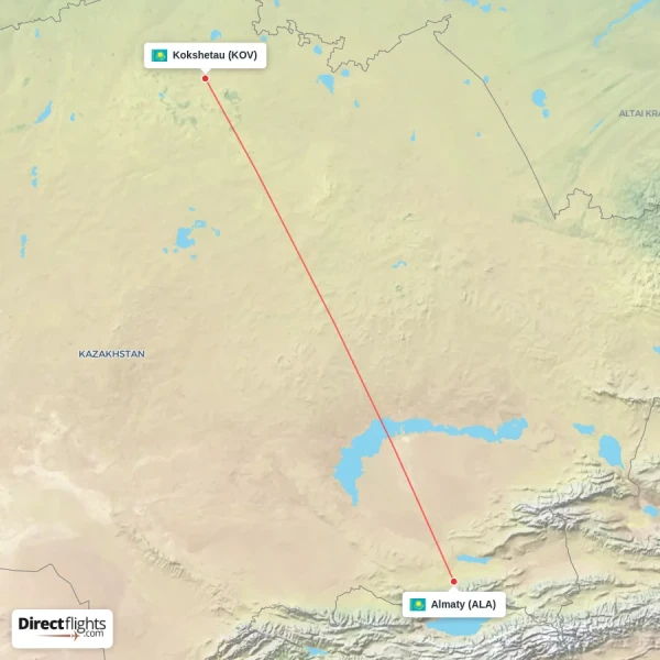 Almaty - Kokshetau direct flight map