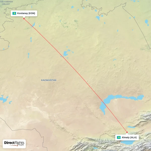 Almaty - Kostanay direct flight map
