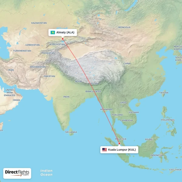 Almaty - Kuala Lumpur direct flight map