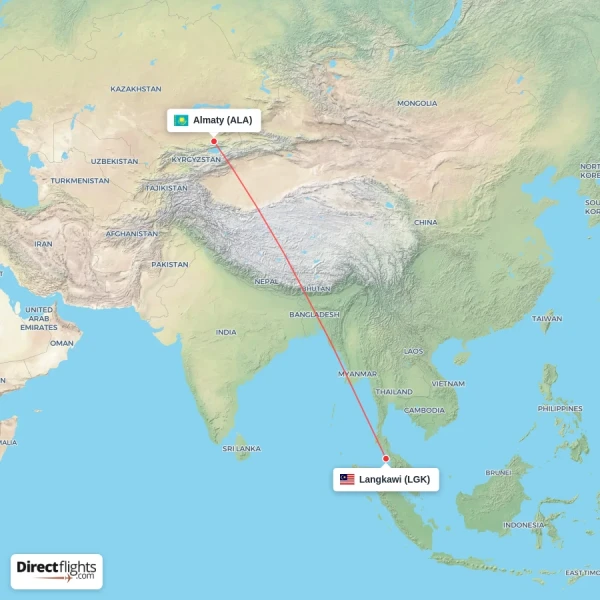 Almaty - Langkawi direct flight map