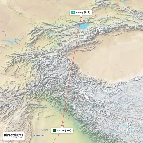 Almaty - Lahore direct flight map