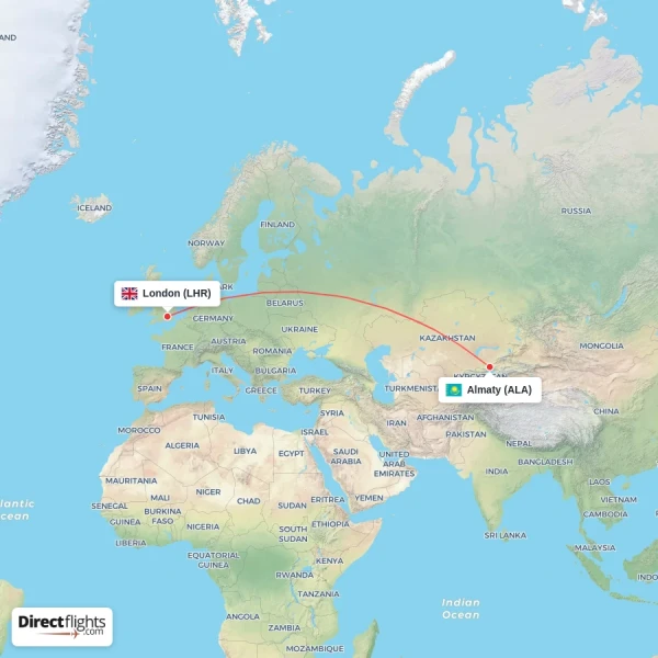 Almaty - London direct flight map