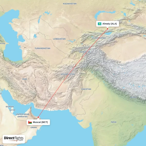Almaty - Muscat direct flight map