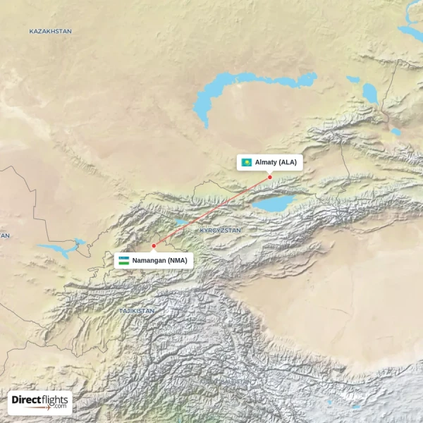 Almaty - Namangan direct flight map