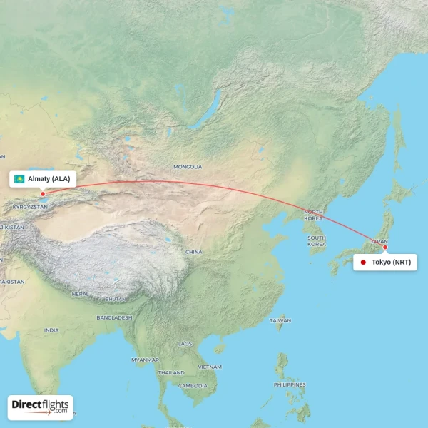 Almaty - Tokyo direct flight map