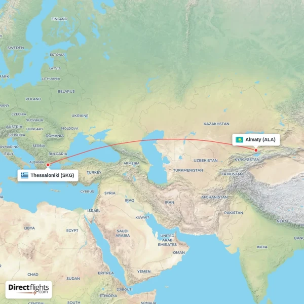 Almaty - Thessaloniki direct flight map