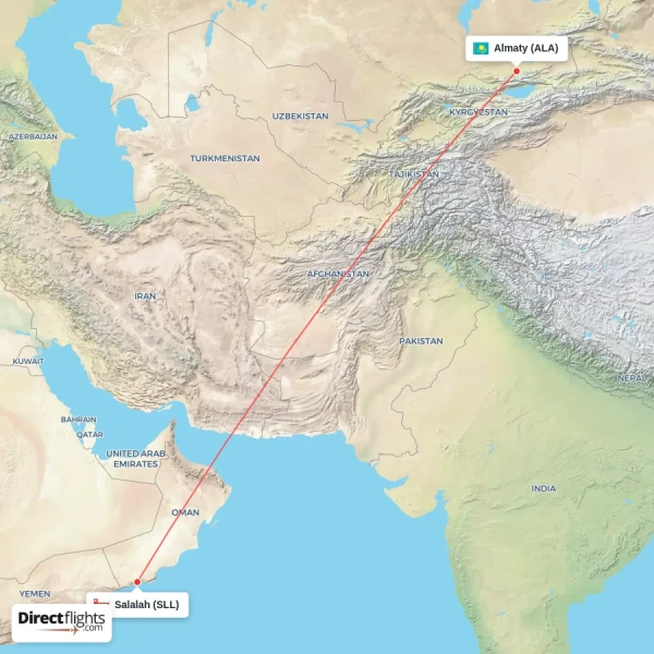 Almaty - Salalah direct flight map