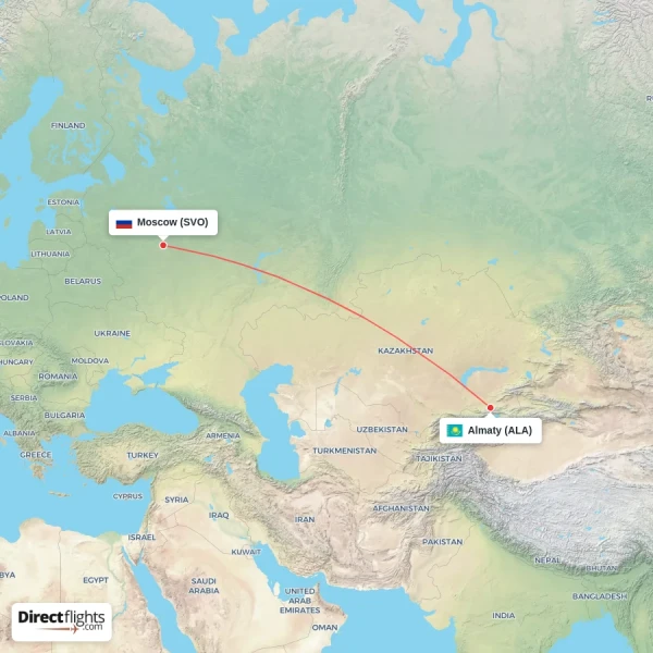 Almaty - Moscow direct flight map