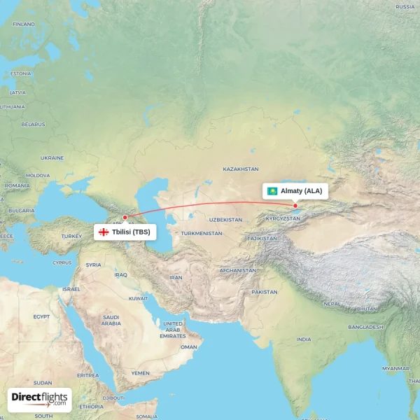 Almaty - Tbilisi direct flight map