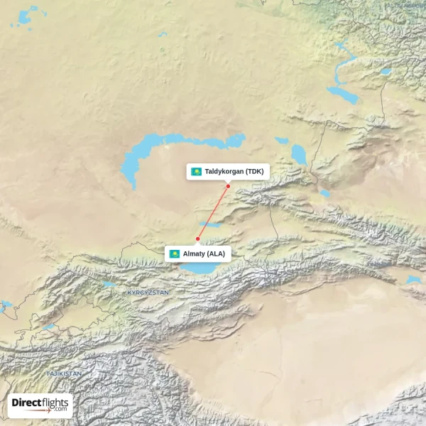 Almaty - Taldykorgan direct flight map