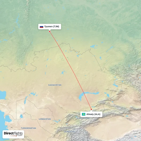 Almaty - Tyumen direct flight map