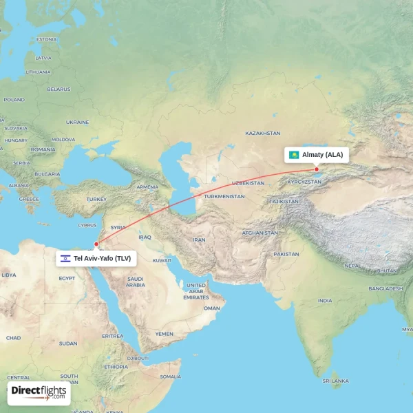Almaty - Tel Aviv-Yafo direct flight map
