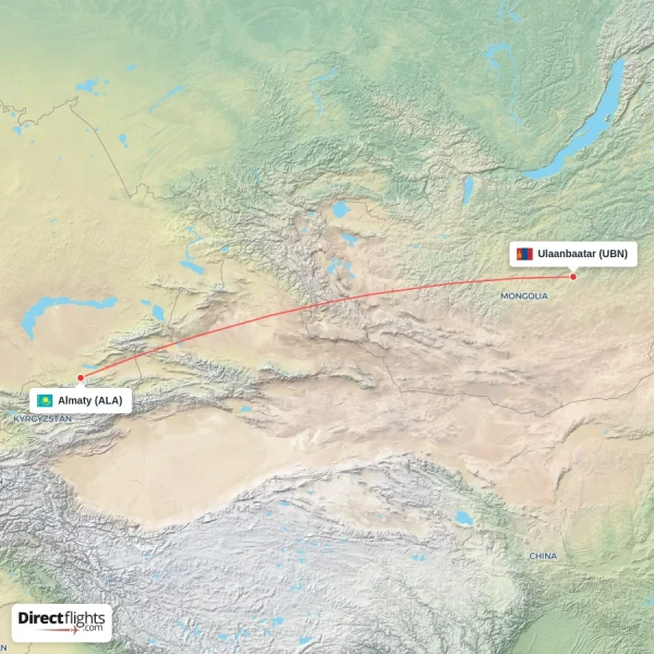 Almaty - Ulaanbaatar direct flight map