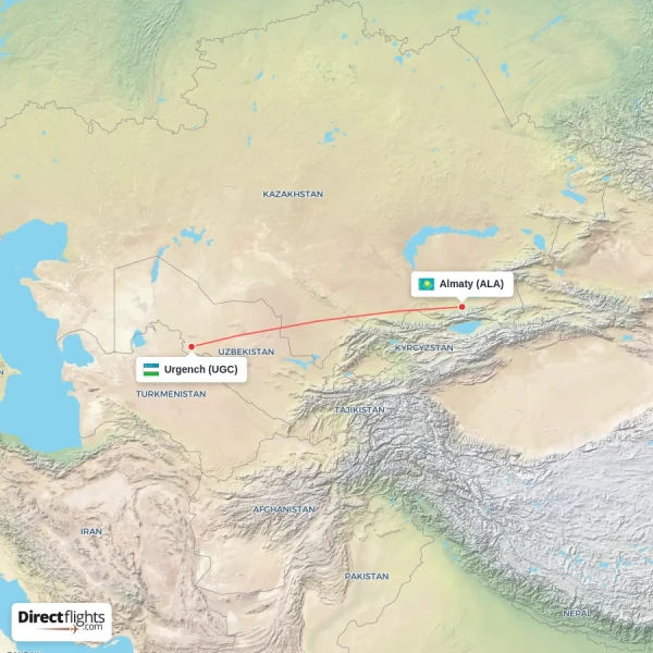 Almaty - Urgench direct flight map