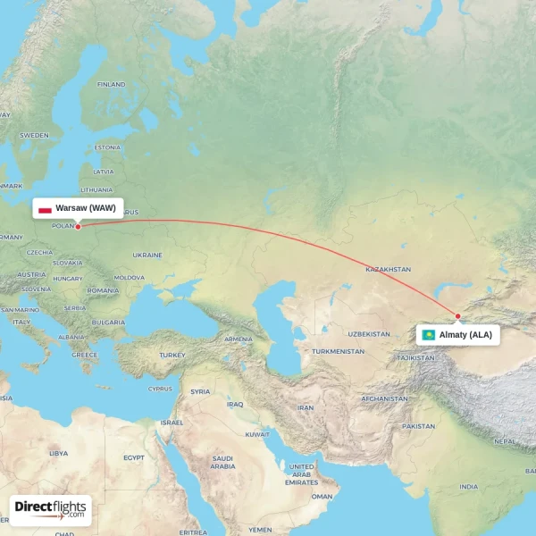 Almaty - Warsaw direct flight map
